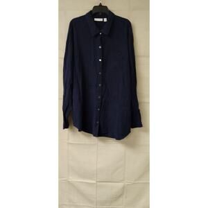 Susan Graver Womens Shirt Pure Roll Tab Sleeve Button Up Linen Blend Navy 1X